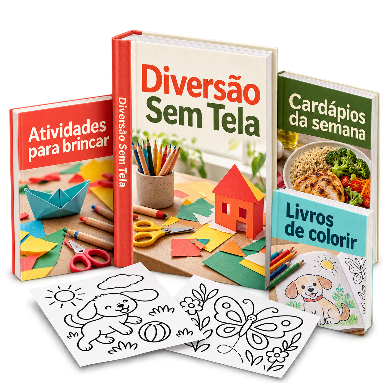 Mockup ilustrativo das coleções digitais Diversão Sem Tela: atividades, cardápios e livros de colorir